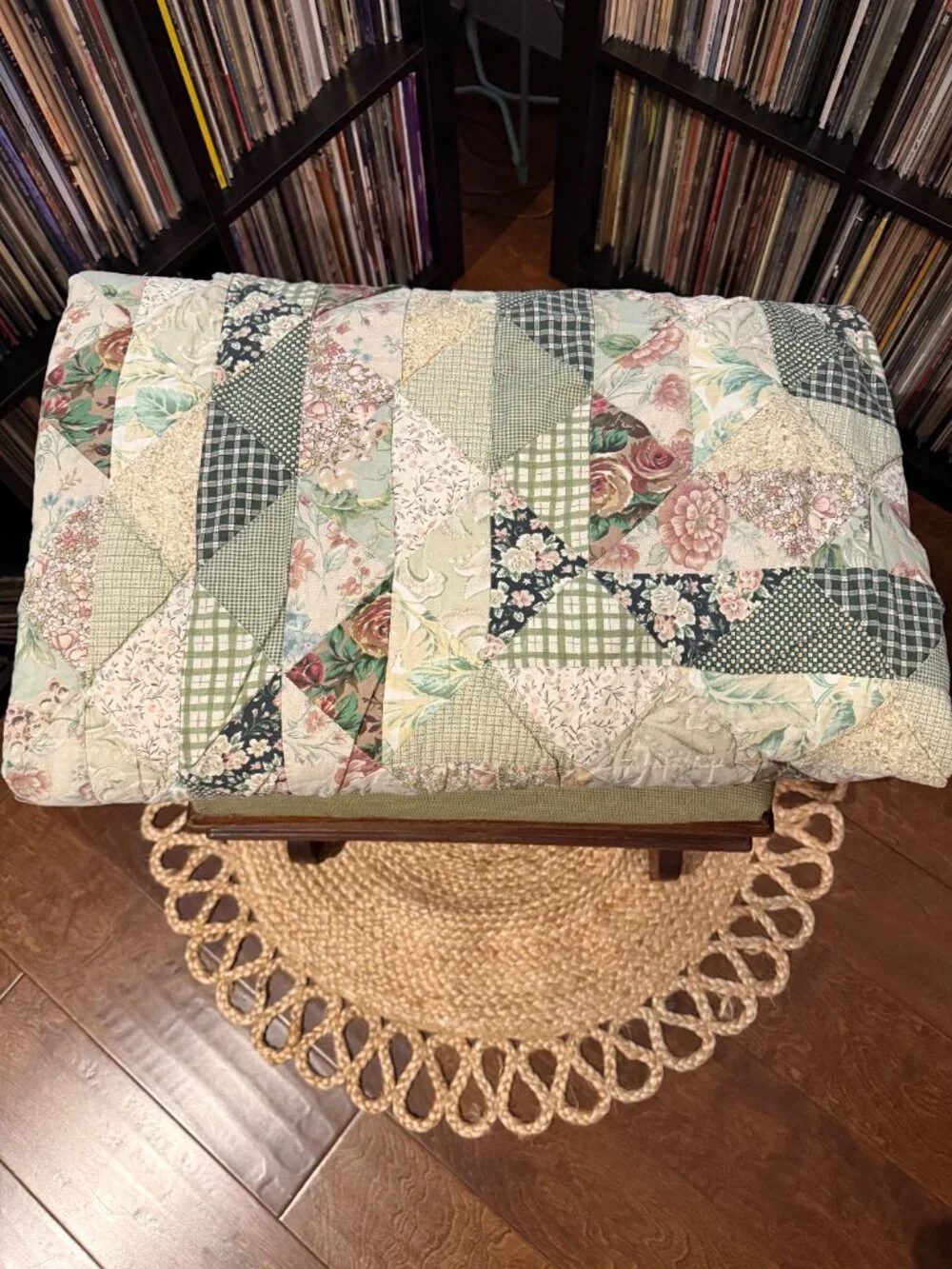 Vintage 90s Patchwork Quilted Sage Floral Grandmillennial Bedspread Coverlet
